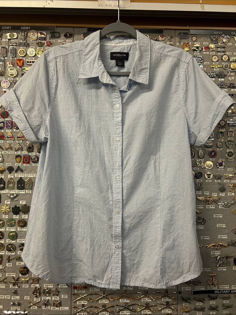 Liz Claiborne Light Blue & White Stripe w/ Embroidered Polka Dots Button Shirt